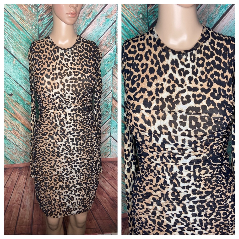 Ganni Leopard Printed Fully Lined Ruched Bodycon Mesh Midi Evening Dress - Picture 4 of 8